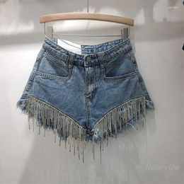 Women's Jeans 2024 Spring And Summer Pants Femme Ripped High Waist Rhinestone Tassel Chain Slim Fit Straight Denim Shorts Women