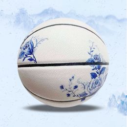 Blue and White Porcelain Basketball Customized Non-slip Basketball PU Soft Leather High Elastic Indoor and Outdoor BasketBall240129