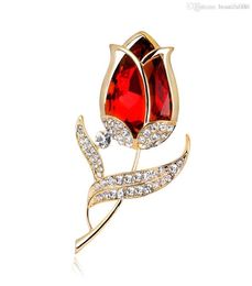 Popular Garment Accessories Fashion Crystal Red Rose Flower Brooch Pin Rhinestone Alloy Rose Gold Brooches For Women Birthday Gift3240213