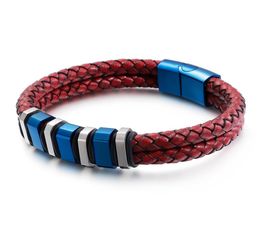 Woven Red Cowhide 2 Layer Braided Leather 12cm Width Multi Charm Bracelet 210mm Stainless Steel Men039s Cool Jewelry1620764