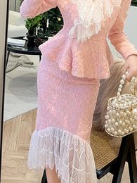 Skirts Fashion Autumn Winter Ladies Tweed Lace Splic Pink Long Slim Women Chic Elegant Package Hip High Waist Skirt Outfits