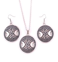 Gold Triple Moon Goddess Wicca Pentagram Magic Amulet Pendant Women Tree Moon Necklaces Earring Set Jewelry1150796