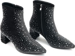 Funkelnde Strass-Stiefel für Damen – Bling-Diamant-Stiefeletten mit nietenbesetztem, glitzerndem Blockabsatz, spitze Zehenblock-Stiefel mit hohem Absatz und kurzem Absatz