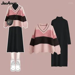 Work Dresses Women's Autumn Winter Casual Patchwork Sweater Korean Lady Daily Joker V-Neck Pink Loose Knit Tops Black Dress Outfits 2024