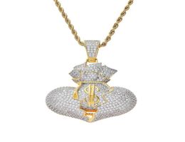 hip hop money bag diamonds pendant necklaces for men women luxury designer dollar pendants 18k gold plated copper zircons necklace5797257
