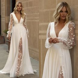 Gracioso boêmio praia vestidos de casamento com decote em v vestidos de noiva pura manga longa lado split vestidos de noiva feitos sob encomenda mais tamanho