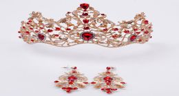 Red and Dark Green Crystal on Gold Crown Elegant Bridal Hair Accessories with Earrings Princess Crown Vintage Girls Headpieces6315153