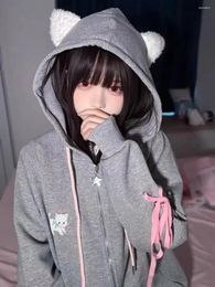 Women's Hoodies HOUZHOU Kawaii Sweet Harajuku Hoodie Women Japanese Fashion Cute Cat Embroidery Zipper Straps Hooded Sweatshirt Soft Gril