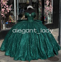 Emerald Green Sparkly Quinceanera Dresses Off Shoulder Gillter Skirt B oning Crystal vestidos de 15 anos quinceaneras modernos