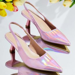 Dress Shoes 2024 Women Low High Heels Pointed Toe Design Sandals Silver Pink Closed Slingback Prom Party