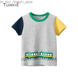 T-shirts TUONXYE Fashion Boys Short Sleeve T-shirt Cute Cartoon Train Pattern Cotton Knitting Soft Casual Childrens Pullover Clothes Q240218