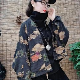 Women's Trench Coats Retro Printed Filled Cotton Autumn Winter Fashion Splicing Lady Single Breasted V-Neck Jacket