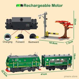 Blocks Technical Retro Green Steam Train City Car Electric Model Rechargeable Lithium Battery Motor Building Blocks Toys For Boy Gifts