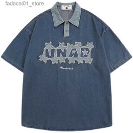 Men's Polos Men Denim Shirt Coats Streetwear Harajuku Letter Patch Designs Embroidery Short Sleeve Jean Shirts Men Fashion Cotton Tops Blue Q240218