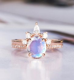 Moonstone Engagement Ring Rose Gold 925 Silver Eternity Bridal Set Antique Curved Half Halo CZ Stone Band Wedding Jewelry2208606