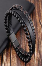 bangle Fashion Natural stone Magnetic button leather braided bracelet men039s titanium steel Jewellery Nice gift8978049