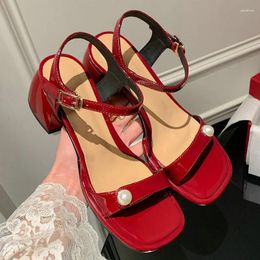 Dress Shoes Patent Genuine Leather Red Open Toe Pearls Elegant Ladies Party Square Chunky Medium Heels Classic Sandals