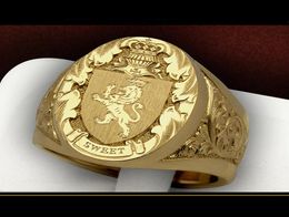 Cao Shi Popular Crown Lion Shield Badge Ring European and American Copper Plating Yellow Gold Royal Seal Mans Ring2191903