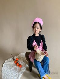 Sweet girls big Bows shirt kids knitted splicing puff sleeve princess tops 2022 spring children allmatching blouse Q396278620859190220