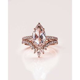 Vvs2-d Moissanite Diamond Rose Cut Pear Stone Ring with Marquise V-shank Band Engagement Ring Set 14k Rose Gold Statement Ring