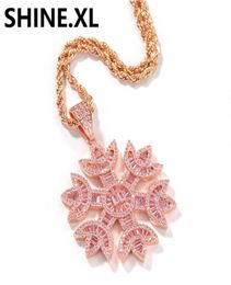 Hip Hop Iced Out Pink Zircon Snowflake Pendant Necklace with Stainless Steel Rope Chain Mens Bling Jewelry25029178719