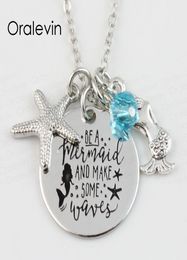 Whole BE A MERMAID AND MAKE SOME WAVES Engraved Disc Mermaid Pendant Charms Necklace Lover Gift Jewelry22MM 10PcsLotLN1091907430