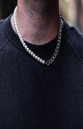 Plated Half 10mm miami cuban link chain and half 8mm pearls choker necklace for Men and Women in Stainless Steel2556938