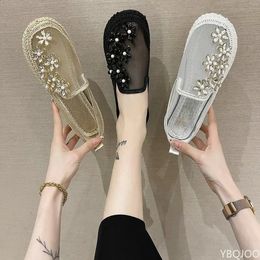 Lace Mesh Crystal Floral Loafers Shoe Comfort Breathable Summer Walking Shoes Woman Fashion Slipon Ballet Flats 240202