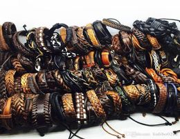 100pcsLots Vintage Mix Styles Leather Cuff Bracelets For Men Women Wrist Jewellery Size adjustable40689065242066