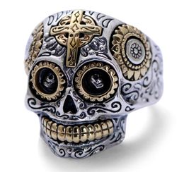 Real Solid 925 Sterling Silver Skull Rings For Men Retro Pure Gold Color Cross And Sun Fower Engraved Vintage Punk Jewelry C1812286496633