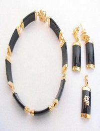 Black Agate Yellow Gold Plated Fortune Pendant Necklace Bracelet Earrings Set46699188965532
