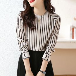 Womens Blouses Black White Stripes Top Long Sleeve Autumn Winter Clothes Silk Shirt Style Overshirt Design Sense 240125