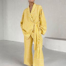 Clacive Casual Yellow Stripe Home Suits Elegant High Waist Wide Pants Set Fashion Long Sleeve Shirts Two Piece Set Women Outfit 240129