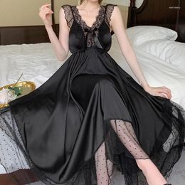 Women's Sleepwear Women Sexy Black Satin Night Dress Sleeveless Nighties V-neck Nightgown Thin Long Nightdress Lace Nightwear For