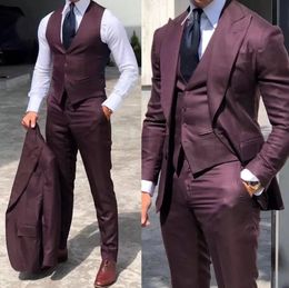 Burgundy Classic Men Suits 3 Pieces Tuxedo Lapel Groomsmen Wedding Set Fashion Business Blazer JacketPantsVest 240201