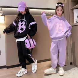 2024 Spring and Autumn Activity Baby Girls Clothing 2PCS Childrens Set Long sleeved Letter Hoodie Wide Legged Pants Set for 9-15 Year Old Girls 240218