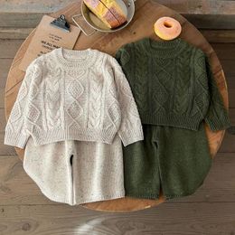 2024 Spring New Childrens Long sleeved Knitted Set for Boys and Girls with Solid Colour Zipper and 2-piece Pants Set for Childrens Casual Sweater 240218