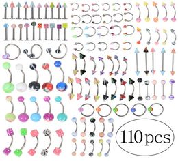 110Pcslot Fashion Piercing Set Eyebrow Bar Lip Nose Pircing Ear Studs Stainless Steel Mixed Body Jewelry9705362