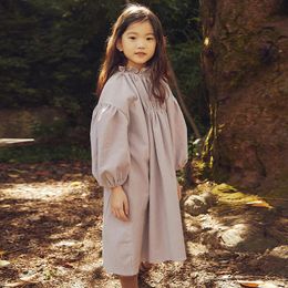 Girls Retro LongSleeve Cotton And Linen Dress Spring Autumn Children's Lantern Sleeve Casual Loose Princess Dresses TZ85 240126