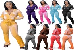 Women Velour Tracksuits Hoodie Sport Two Piece Outfits Pink Velvet Sweatsuits Zipper Pocket Long Sleeve Jacket Bell Wid Leg Pant S9329812