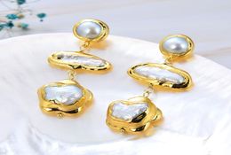 GuaiGuai Jewellery Natural Pearl Gold Plated Cultured White Biwa Pearl Keshi Pearl Dangle Stud Earrings Handmade For Women Real Gems4352399