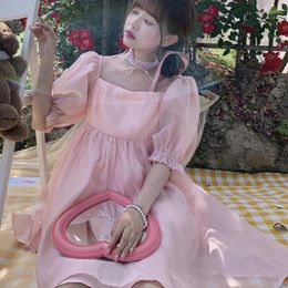 Party Dresses Japanese Kawaii Mini 2024 Summer Cute Princess Girls Sweet Lolita Boho Beach Sundress Puff Sleeve Pink