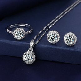 Solitaire Lab Diamond Jewellery set 925 Sterling Silver Party Wedding Rings Earrings Necklace For Women Bridal 240130