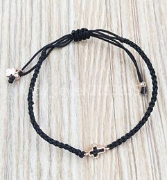 Motif Cross Bracelet In Rose Gold Vermeil With Spinels And Black Cord Authentic 925 Sterling Silver bracelets Fits European bear J9007862