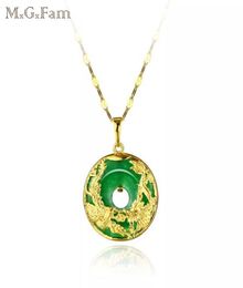 MGFam 173P Dragon and Phoenix Pendant Necklace For Women Green Malaysian Jade China Ancient Mascot 24k Gold Plated with 45cm Cha9539541