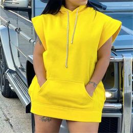 Casual Dresses OSMJ Winter&Autumn Sleeveless Baggy Drawstring Sweatshirt Hooded Dress 2024 Solid Pullover Short With Pocket