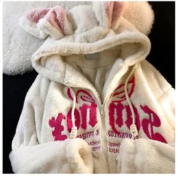 Cute Rabbit Big Ear Lamb Wool Sweater Embroidery Hoodies Women Korean Thickened Wooly Zip Up Hoodies Kawaii Goth Y2k Clothes 240201