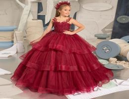 lovely Dark Red Tiered Beads Flower Girl Dress Birthday Scoop Appliques Wedding Party Dresses Costumes First Communion Drop Shippi9657509