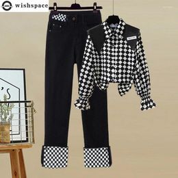 Women's Two Piece Pants Autumn Navy Collar Black And White Checker Ruffle Sleeve Shirt Casual Trousers Elegant Set