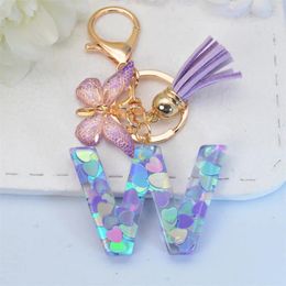 Keychains A-Z Fashion Tassel Butterfly 26 Letter Keychain Heart-shape Glitter Fill Golden Key Ring For Women Girls Car Bag Phone Pendant